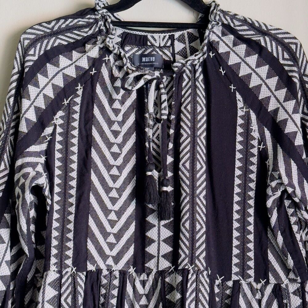 Maeve by Anthropology Dress Sz XSP Black White Geometric Print Tassels Bohemian - Picture 4 of 16